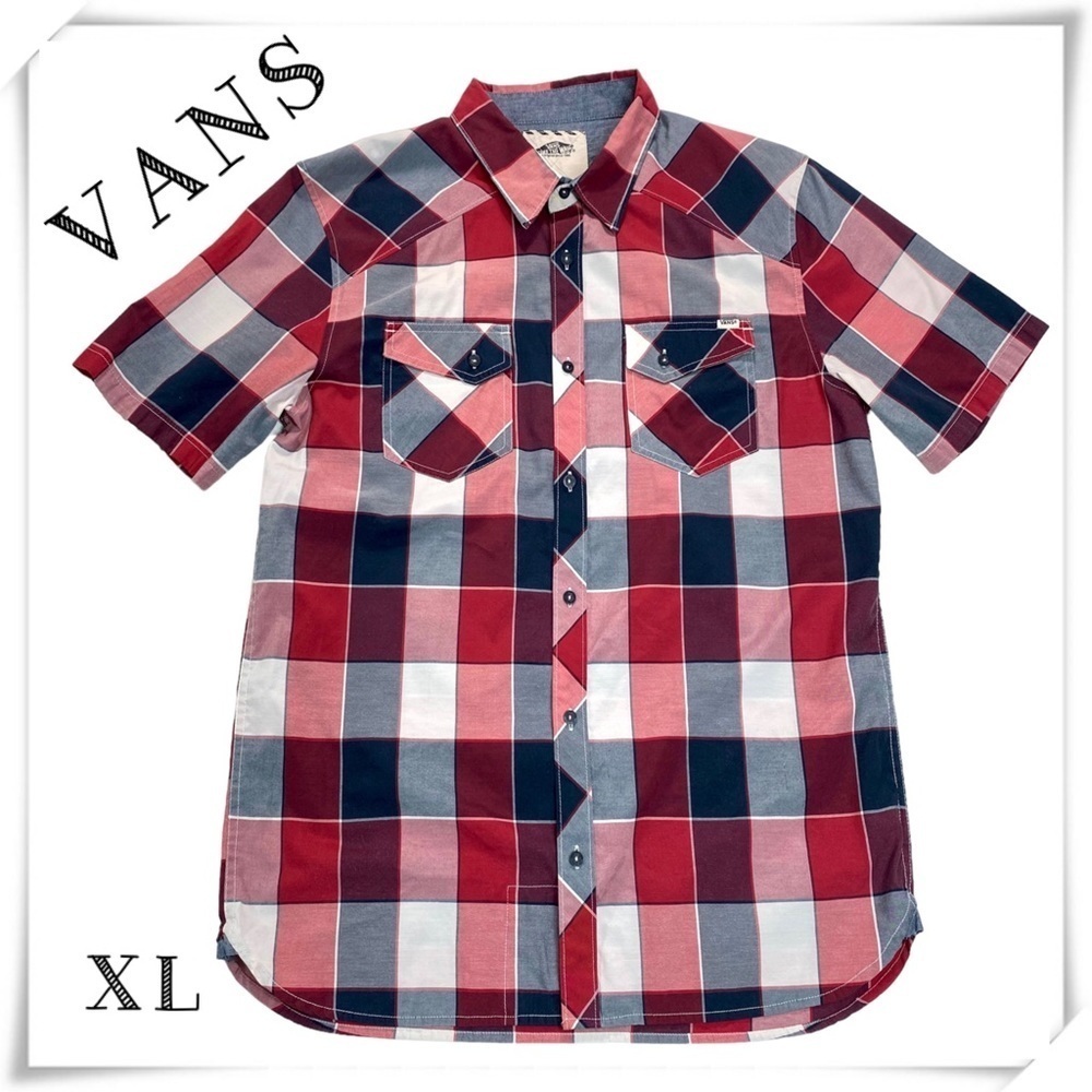 VANS Window Plaid Cotton Short Sleeve Button Up Shirt in Red With Blue Size XL